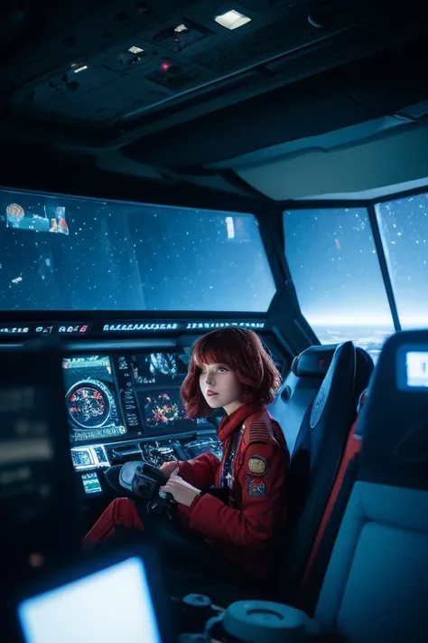  absurd determination ,  high definition , (masterpiece: 1.4),  super detailed, One young woman, short red hair ,  pilot suit, Rich Princess,  sit in an extremely small, closed mechanical control room and look out the window,  From the Window to Space、I ca...