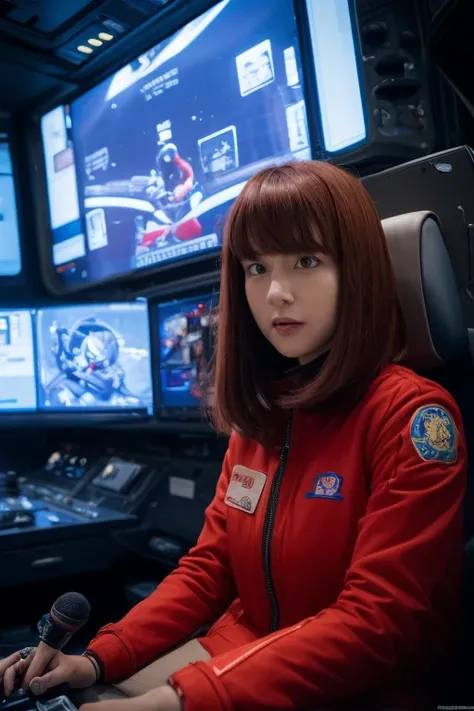  absurd determination ,  high definition , (masterpiece: 1.4),  super detailed, One young woman, short red hair ,  pilot suit, Rich Princess,  sit in an extremely small, closed mechanical control room and look out the window,  From the Window to Space、I ca...