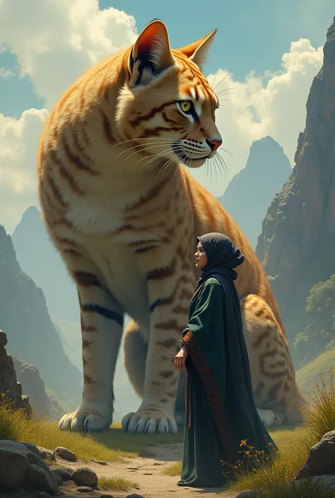 Giant cat with woman in hijab
