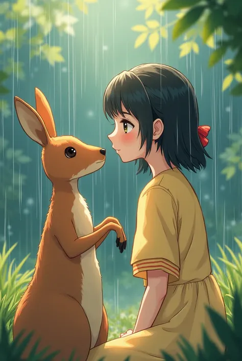 Anime girl with a kangaroo in the rain and that the phrase is written everything is temporary even on bad days