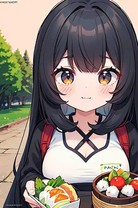 a girl sitting in a park with pokemon sitting next to her eating sushi, pikachu, picnic, 1girl, outdoors, long hair, sandwich, tree, breasts, food, black hair, sitting, pokemon (creature), day, picnic basket, cleavage, shirt, ketchup, white shirt, jigglypu...