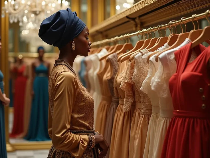 In a luxurious haute couture boutique, Zahara, a stunning Black woman, stands elegantly, organizing an array of intricate, high-fashion dresses. She wears a modest yet stylish outfit, including a shimmering golden blouse and a satin skirt, complemented by ...