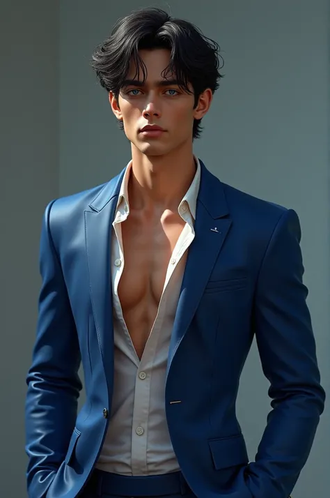 Tall boy .  eyes as blue as the sea ,  black hair ,  its skin is a mix between brown and white , exercised body , in blue suit , semi-scrambled hair  , very handsome ,  with its well-marked muscles  , irresistible 