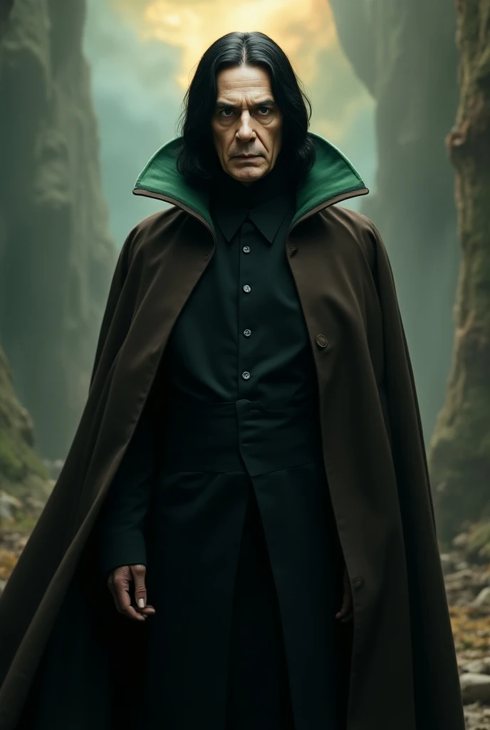  Severus snape with brown cloak time lord robe black outfit and green Collar with black hair color and gray eyes