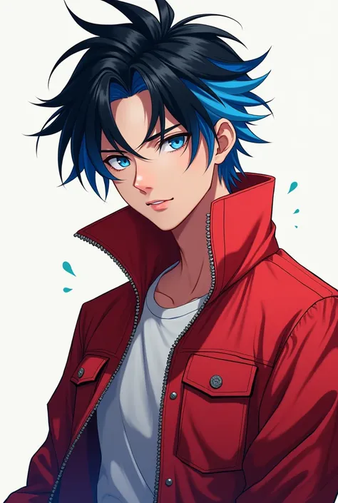  Anime boy with black hair and blue locks and with red jacket and jeans , Blue eyes and 24 years old  , 