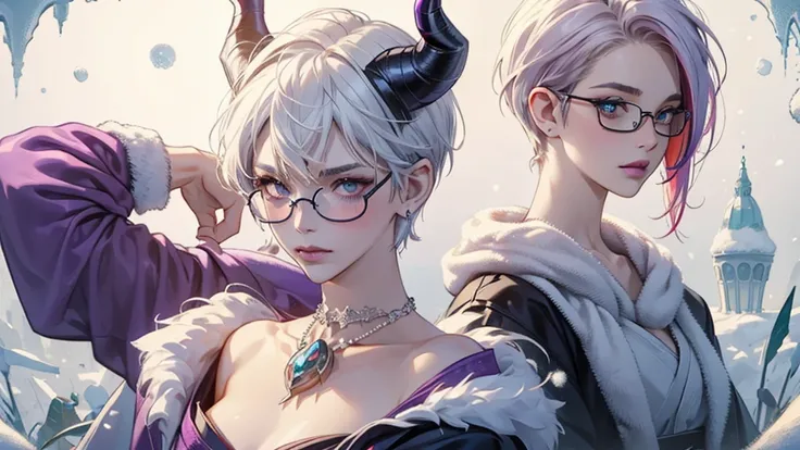 8k, masterpiece, best quality, highly detailed, 1 girl, devil, demon horns, warlock, pixie cut, white hair, multicolored hair, very short straight hair, red highlight hair on white hair, stippled hair, wearing glasses, round glasses, earrings, red eyeshado...