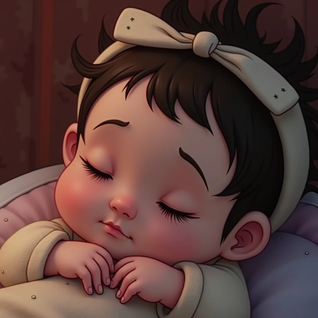  Newborn sleeping with a slight smile, em formato de cartoon Disney Pixar 