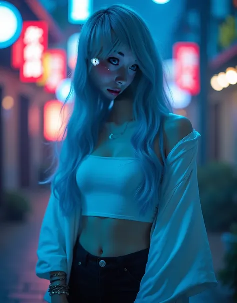 Front View,  Blue light in the surroundings  , Long Hair ,  Eyes glow blue, live-action,Front View,  sharp concentration, whole body:1.8, smile:1.6, (8k, Live Shooting,  best quality:1.21, masterpiece:1.21), (Genuine, Realistic:1.2),    Cute Japanese Femal...