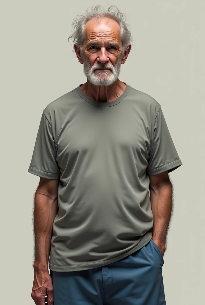 Old man with grey t shirt,blue shorts without a beard