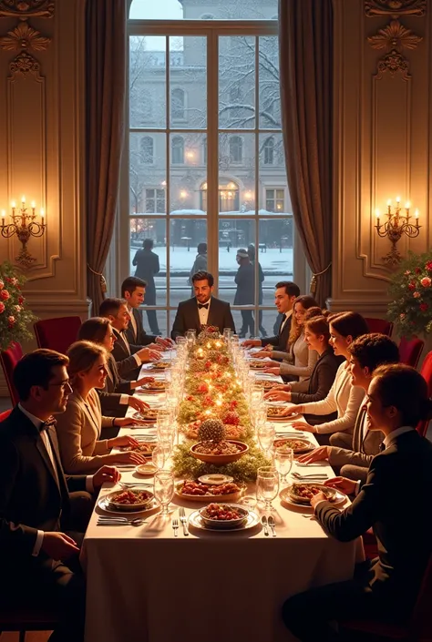  An image depicting Christmas in London, something like a supper table with lots of people