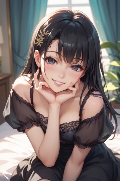 1 anime girl with black hair、  charming anime girl , Naughty, Naughty anime style,  Anime Moe Art Style , shikishi, by Shimo, Gap Moe Yandere、Beautiful eyes、 girl、 Black Dress 、smile、whole body