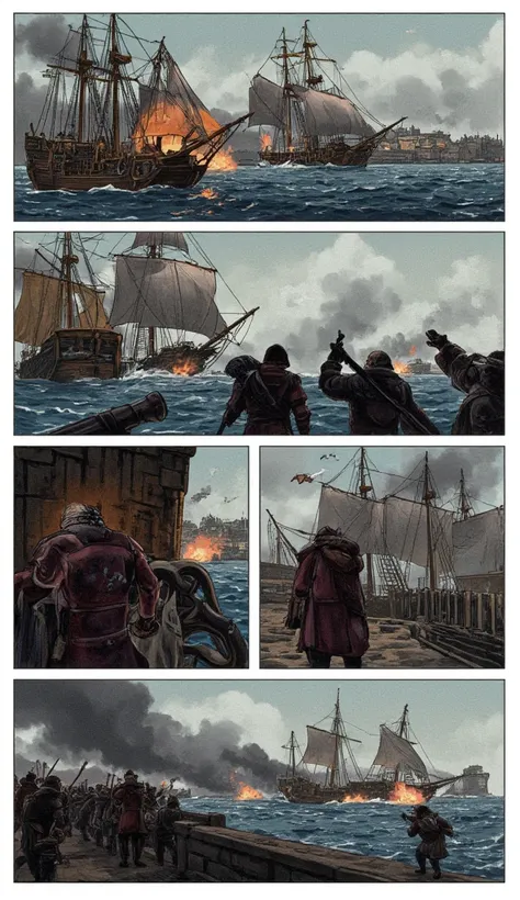 Storyboard, Comic panel layout with white border, Multi view, Immersive, Go Pro, Action Pose, Panels Battle scene. In 1451, the Ottoman Empire is besieging the city of Constantinople in the bay a naval battle is taking place Genoese galleons against Ottoma...