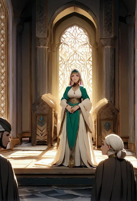 "Create a 3D animated-style scene showing Khadijah binti Khuwailid meeting Muhammad bin Abdullah in her grand yet humble residence. Khadijah, a dignified woman in elegant Arabian attire, listens attentively to her servant Maisarah, who narrates Muhammads h...