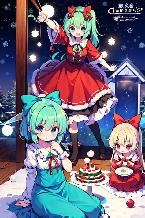 A group of Cirno (touhou) in thoroughbred costumes, only their faces visible
A party with the characters of the Touhou Project (touhou) on a snowy Christmas Eve night 🎂🎁🍸️🎄❄