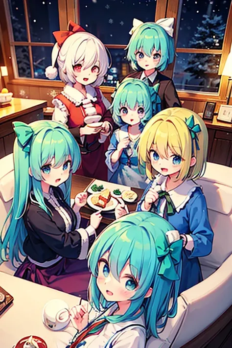 A group of Cirno (touhou) in thoroughbred costumes, only their faces visible
A party with the characters of the Touhou Project (touhou) on a snowy Christmas Eve night 🎂🎁🍸️🎄❄