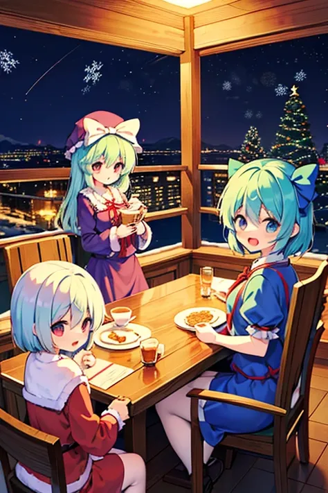 A group of Cirno (touhou) in thoroughbred costumes, only their faces visible
A party with the characters of the Touhou Project (touhou) on a snowy Christmas Eve night 🎂🎁🍸️🎄❄