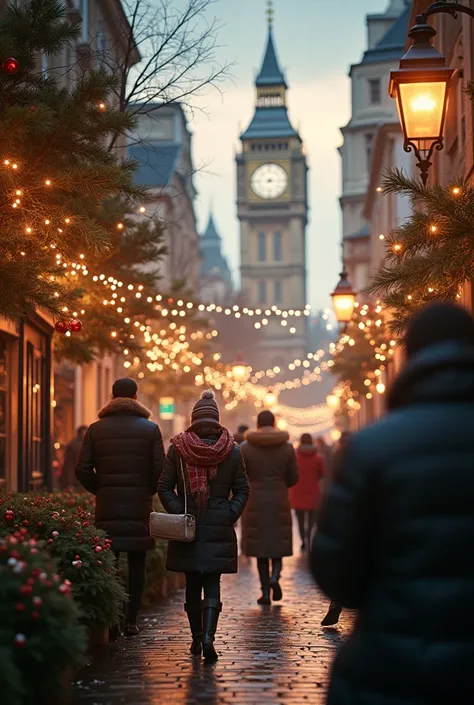  An image depicting Christmas in London,  With lights and pine