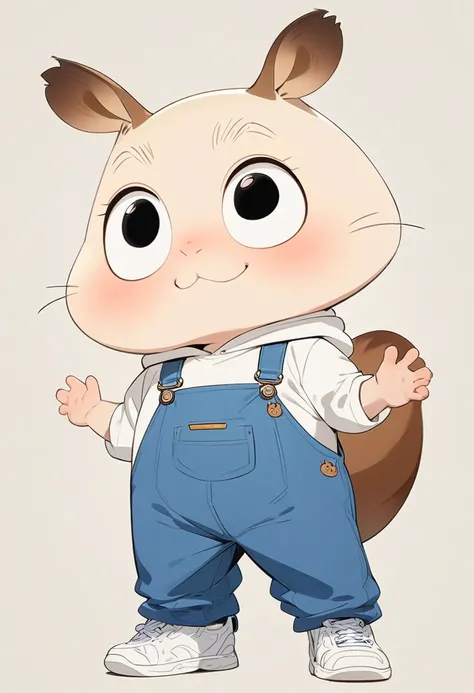 (masterpiece,  best quality:1.2),  anime-style character design。 one boy ，Big Eyes， cute expression ， white shirt， blue overalls， White Hoodies 、 white sneakers，stand， funny， funny， Clean Line 、 simple background、 perfect body、 perfect face、smile、Squirrel ...