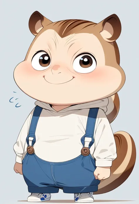 (masterpiece,  best quality:1.2),  anime-style character design。 one boy ，Big Eyes， cute expression ， white shirt， blue overalls， White Hoodies 、 white sneakers，stand， funny， funny， Clean Line 、 simple background、 perfect body、 perfect face、smile、Squirrel ...