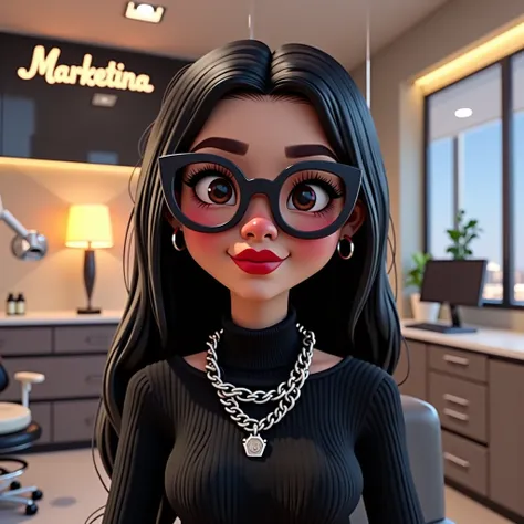 A Disney Pixar 3D style photo of a Latina girl with long, black, smooth hair and large eyes. She wears black glasses and red lipstick. She has a super fresh and audacious style, being both rebellious and corporate. She has a joyful expression and exudes co...