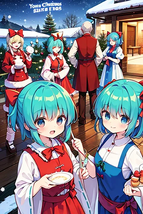 A group of Cirno (touhou) in thoroughbred costumes, only their faces visible
A party with the characters of the Touhou Project (touhou) on a snowy Christmas Eve night 🎂🎁🍸️🎄❄