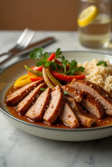 "A hyperrealistic close-up of a gourmet plate of pork tenderloin in sweet and sour sauce .  the pig ,  cooked to perfection ,  is cut into juicy medallions with slightly golden and caramelized edges ,  covered with a layer of shiny light-reflecting bitters...