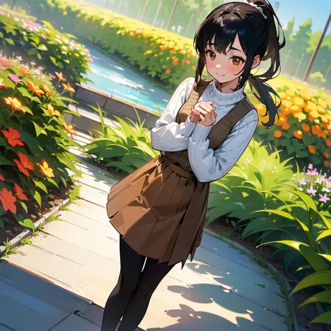 ( High Quality ,  high definition , Very detailed, reality:1.37), Peaceful atmosphere, (Outdoor, garden),  teenage girl standing alone,  Beautiful details,  cute smile with blush, ( BLACK HAIR PONYTAIL ), Ribbed sweater,Brown skirt, Black tights,  brown lo...