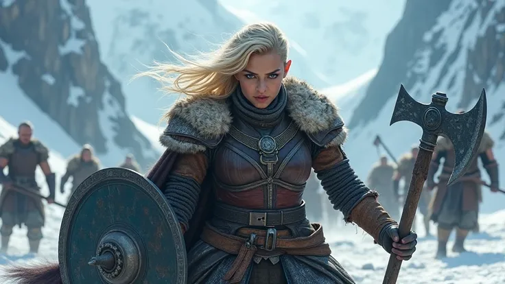 An angry female Berserker warrior goddess, short hair on one side of her head and long on the other, blonde and blue-eyed, with an axe in one hand and a shield in the other, in an attack position, against the backdrop of a mountainous and icy place, and se...