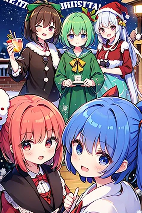 A group of Cirno (touhou) in thoroughbred costumes, only their faces visible
A party with the characters of the Touhou Project (touhou) on a snowy Christmas Eve night 🎂🎁🍸️🎄❄horse group