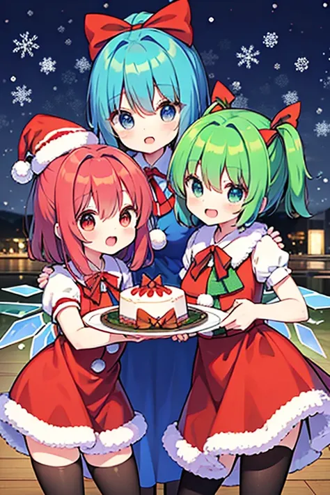 A group of Cirno (touhou) in thoroughbred costumes, only their faces visible
A party with the characters of the Touhou Project (touhou) on a snowy Christmas Eve night 🎂🎁🍸️🎄❄horse group