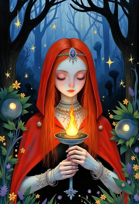   young beautiful woman  ,   closed eyes   ,  standing in the middle of the dark forest ,  in the dark bushes, his eyes are burning ,   holds a large torch with fire ,  jewelry  , la perla  , fire ,   Long hair  , Compose   ,    red hair  , Painting (mediu...