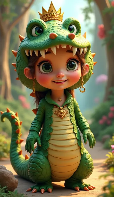 Disney Pixar-style princess wearing a crocodile costume 