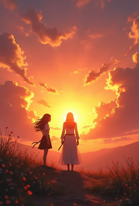  sunset with a distant silhouette that poses, Faith with a belt, A girl, ,  long hair