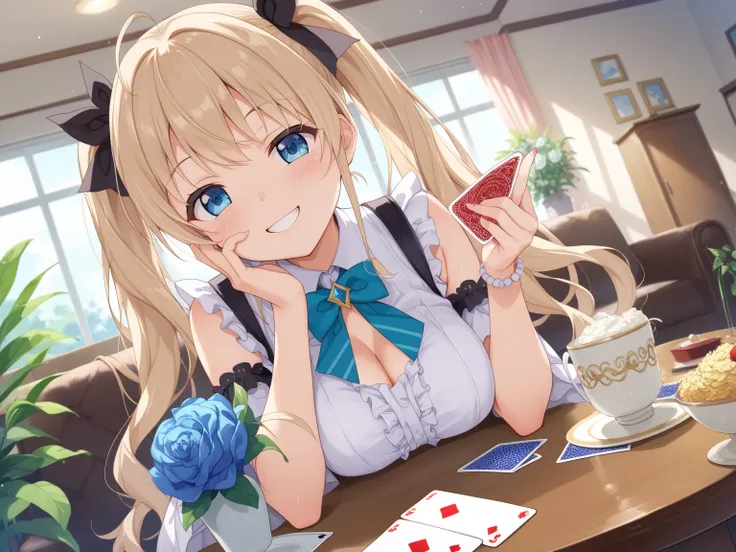  Light Blue Long Hair 、Little little character girl with twin tails、Cute Costumes、smile、Cute Costumesのちびキャラ達が沢山集まっています、Im playing cards with my friends around a big table、 bright living room decorated with flowers 、