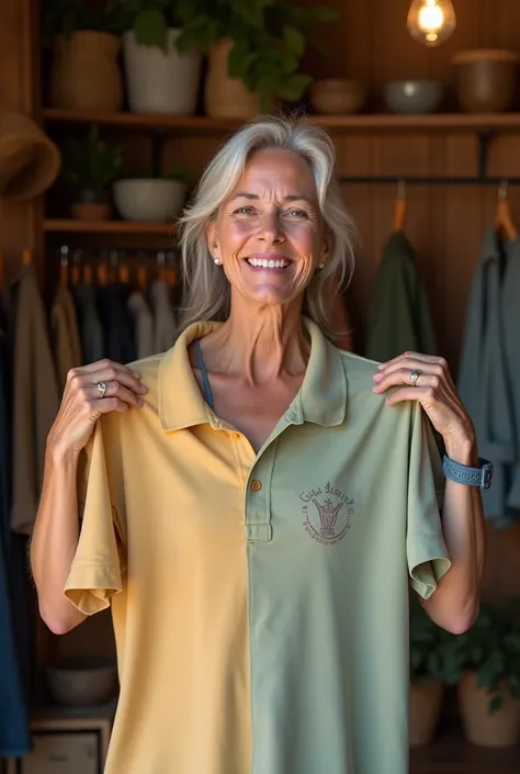 Customer smiling while receiving their personalized natural-dyed polo