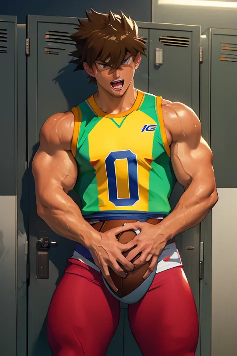 jounouchi katsuya from yu-gi-oh, bodybuilder, sweaty, defined body, big legs, locker room, wearing a football uniform, vapid sta...