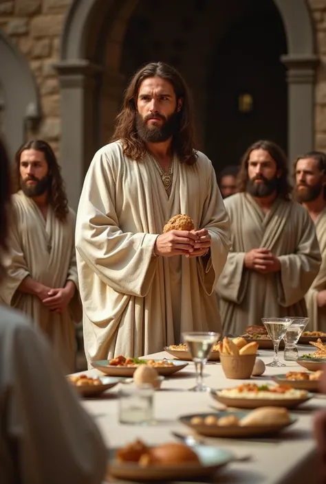 Create a young man of normal height, piel Blanca, hair down to the neck, brown color and beard ,  dressed in white biblical times style robes ,  standing at the back of a long table, Served for dinner , with bread in his hands ,  accompanied by twelve men ...