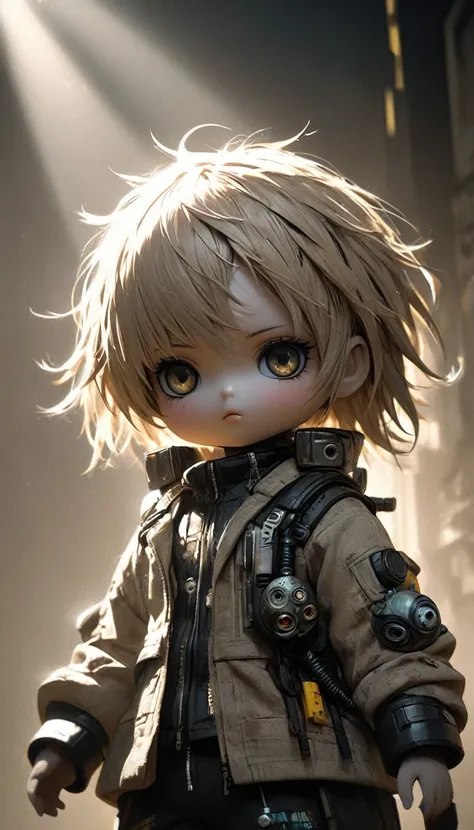 Anatomically correct:1.3, Intricate and detailed portrait of a boy doll., fantasy character design, fully dressed cyberpunk clothing, Dark and gloomy lighting, spectacular chiaroscuro lighting, film composition, Ashley Wood Style, sandy grunge texture, sha...