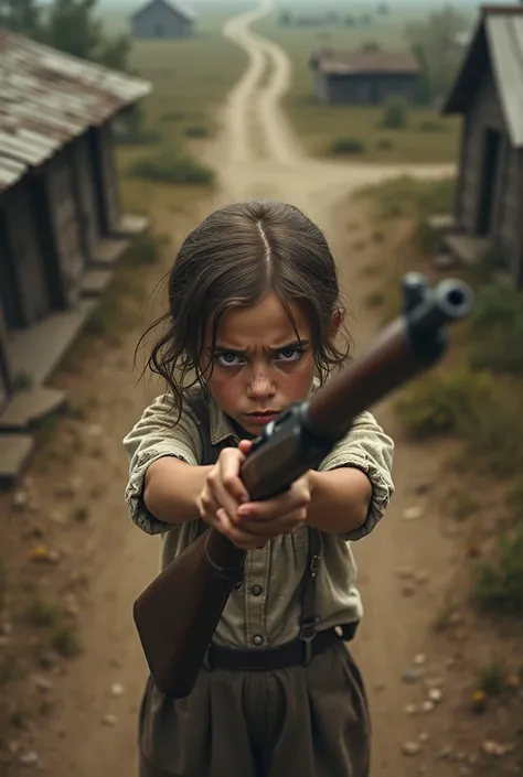  top down view , Country scene from the Great Depression where a girl from "s" Angry shooting at the camera with an old rifle