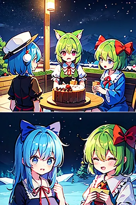 A group of Cirno (touhou) AND horse group in thoroughbred costumes, only their faces visible A party with the characters of the Touhou Project (touhou) on a snowy Christmas Eve night 🎂🎁🍸️🎄❄