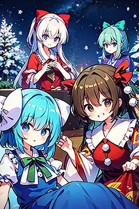 A group of Cirno (touhou) AND horse group in thoroughbred costumes, only their faces visible A party with the characters of the Touhou Project (touhou) on a snowy Christmas Eve night 🎂🎁🍸️🎄❄