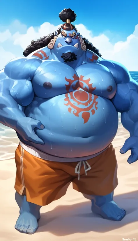 solo, 1boy, Muscular ,jinbe, blue skin, shorts, beach, chest tattoo, wide shoulder, thick arms, (chubby, belly), wide pectoral, massive muscle, beach, short hair:1.2, detailed eyes, focus eyes, sweat, shirtless, masterpiece, semirealistic:1.2, high detaile...