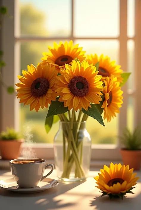 3D image of sunflower flowers in a vase, a window, the sun, a coffee 