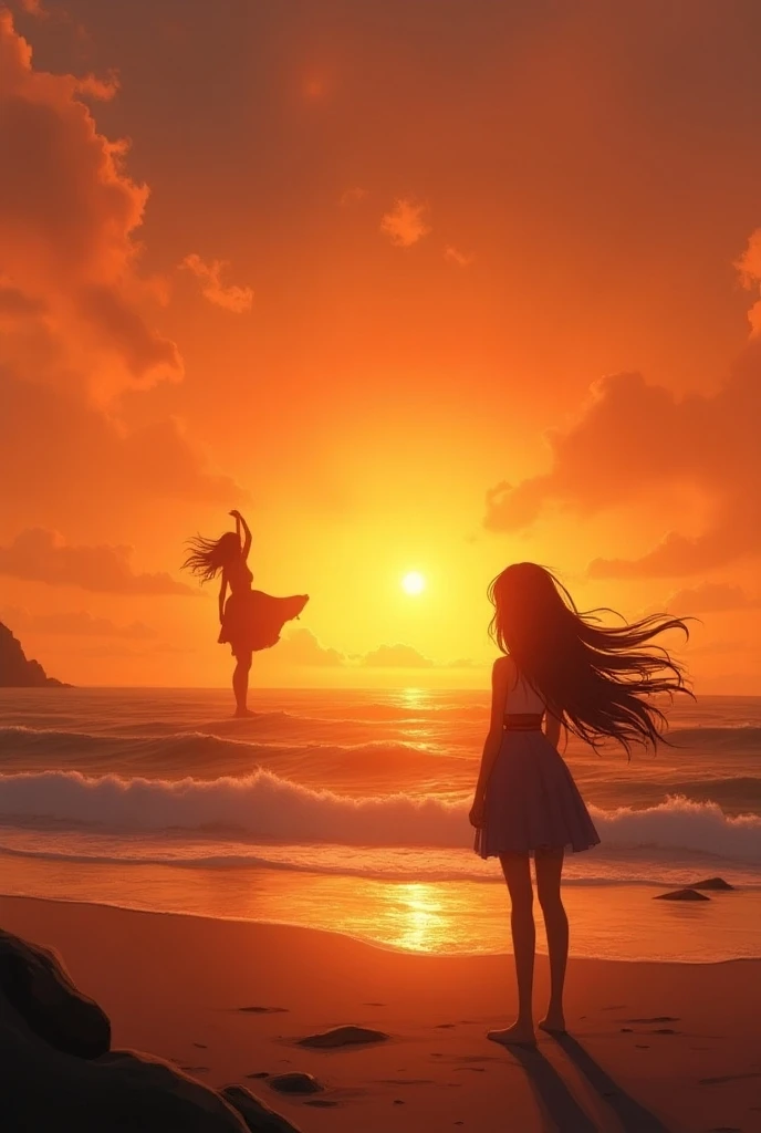  sunset with a distant silhouette that poses, Faith with a belt, A girl, long hair on the beach aesthetic