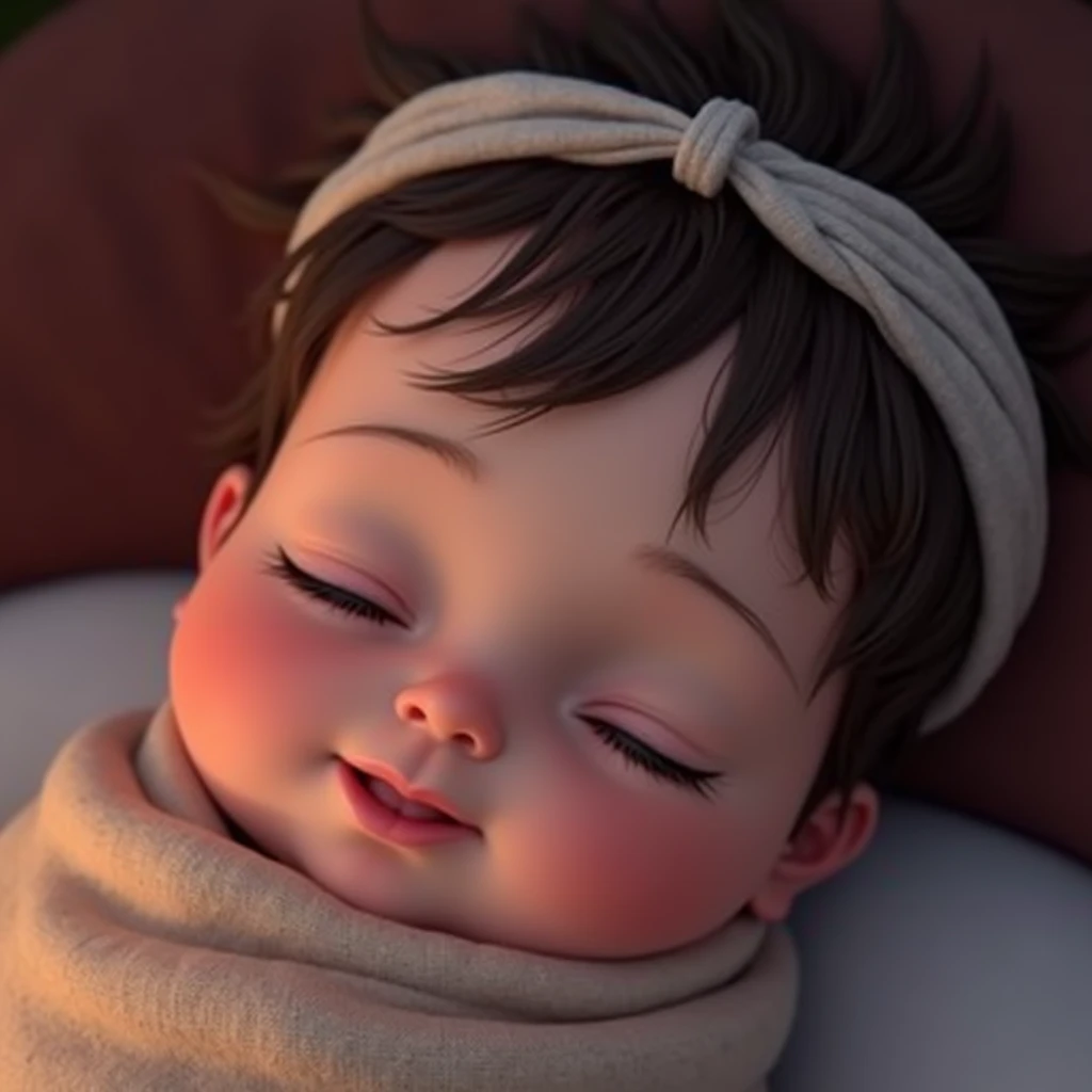 Newborn baby , ,  sleeping with a faint smile ,  where only her head appears, no formato Cartoon Disney Pixar 