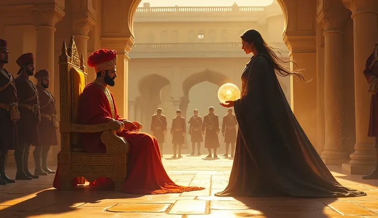 A grand Rajasthani palace courtyard in bright daylight. The king sits on a golden throne, wearing a red and gold robe with a majestic turban adorned with jewels. Soldiers stand alert in the background. A mysterious sorceress enters the scene, her figure dr...