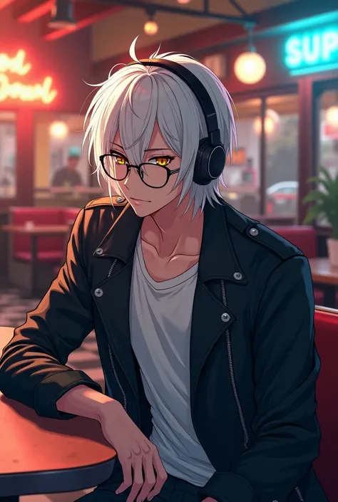 Anime style, full body, young adult man with medium length white hair, yellow eyes, above average build, wearing headphones, white shirt with black leather jacket, sitting at table, diner setting.