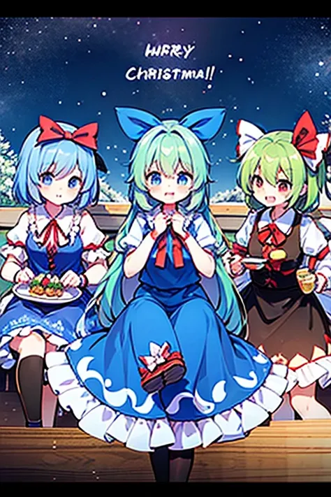 A group of Cirno (touhou) AND group of horse  in thoroughbred costumes, only their faces visible A party with the characters of the Touhou Project (touhou) on a snowy Christmas Eve night 🎂🎁🍸️🎄❄