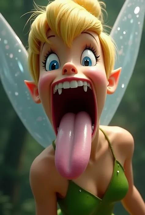 ((best quality)), ((masterpiece)) Giantess Tinker Bell opens her mouth wide showing you her uvula and super thick slimy and very meaty white Tongue with a sensual expression on her face (hyperrealistic human tongue) (front view)