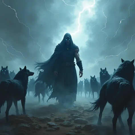 a full-scale war, where an army of shadows of omens and wolves defend their owner he has  blue eyes blackhood, black cloak, muscle , tall , tand alone



